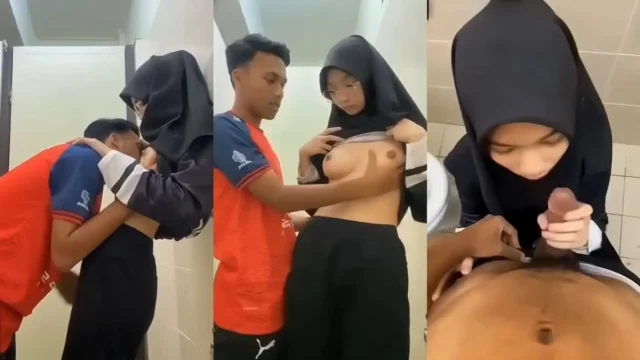 Hijab GF Gives Sloppy Blowjob In Public Bathroom With Tits Squeezing